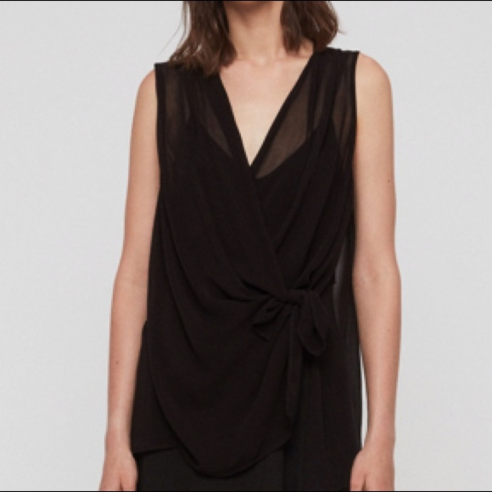 All Saints Black Sheer Silk Wrap Top!
